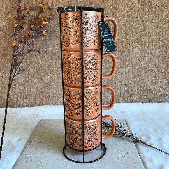 cobwebs and cauldrons Other - Orange Jack O' Lantern Pumpkin Glazed Mug Tower